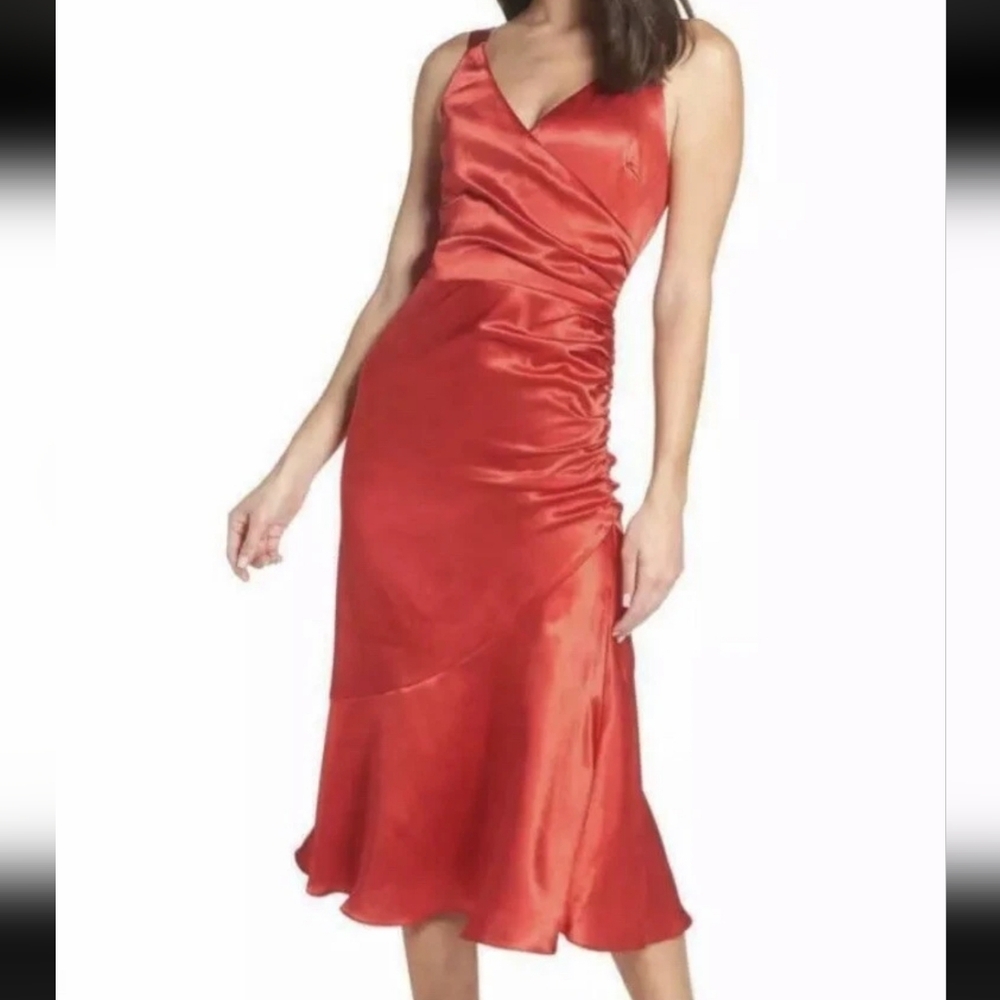 NWT CHELSEA28 Dress Red Sateen Ruched Side Midi Cocktail Medium Gown